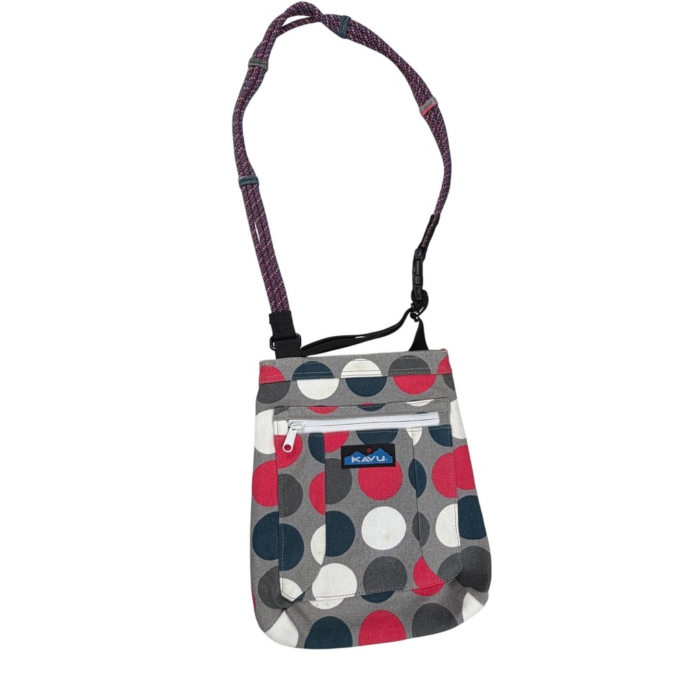 KAVU Keeper Crossbody Bag Grey Red Polka Dot Canvas Rope Strap Travel Purse